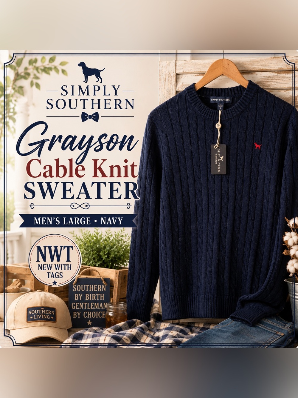 Simply Southern Men's Large Navy Cable Knit Crewneck Sweater